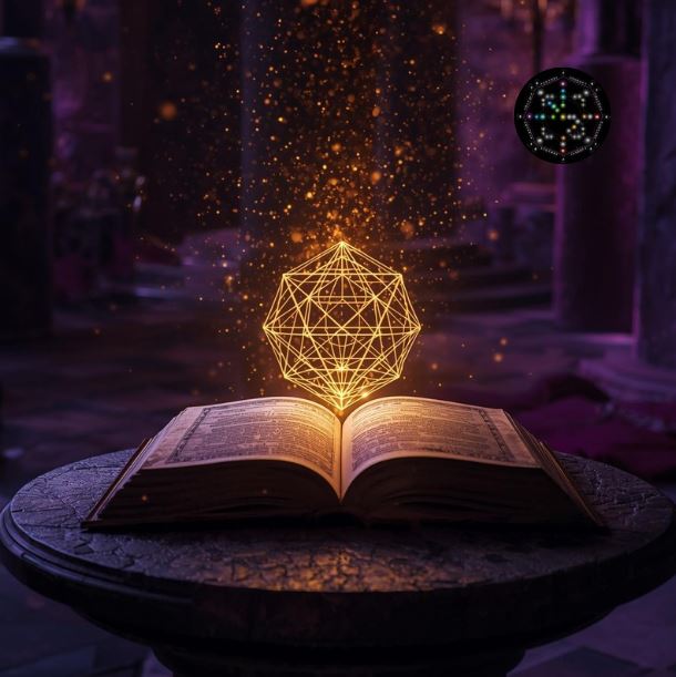 Leuchtende goldene Schicksalsmatrix über einem aufgeschlagenen Schattenbuch im Scriptorium.