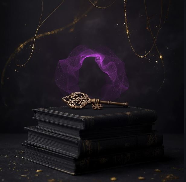 Antiker goldener Schlüssel auf einem Stapel dunkler Schattenbücher mit pflaumenfarbenem Leuchten, Haus Scriptorium.