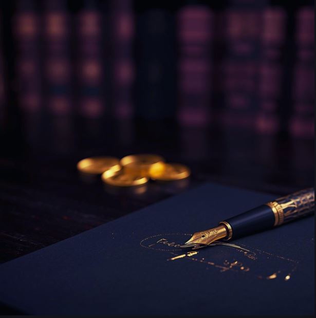 Goldener Füllfederhalter schreibt auf dunklem Papier neben schimmernden Goldmünzen, Haus Scriptorium.