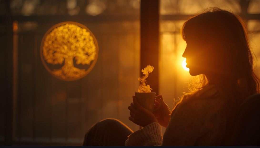 Eine Frau blickt in das warme, goldene Licht eines symbolischen Baumes der Weisheit, der für die Heilung der Vaterlinie und die Überwindung von Burnout in der Schicksalsmatrix steht.