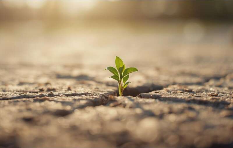 Ein kleiner grüner Pflanzenkeimling, der symbolisch für Regeneration nach Burnout durch eine Steinritze im Sonnenlicht wächst.