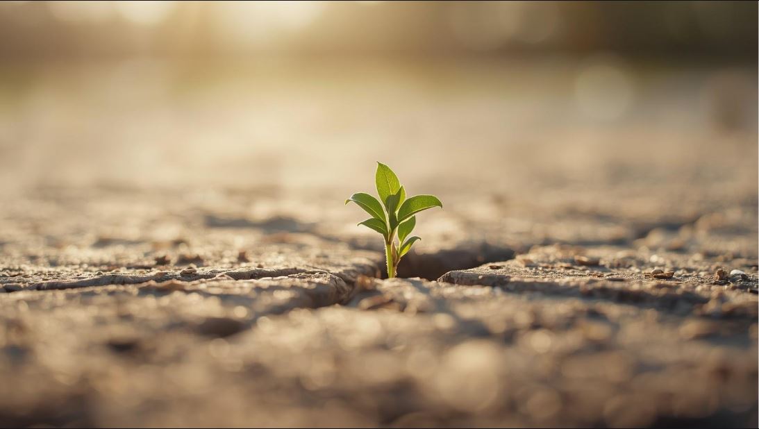 Ein kleiner grüner Pflanzenkeimling, der symbolisch für Regeneration nach Burnout durch eine Steinritze im Sonnenlicht wächst.