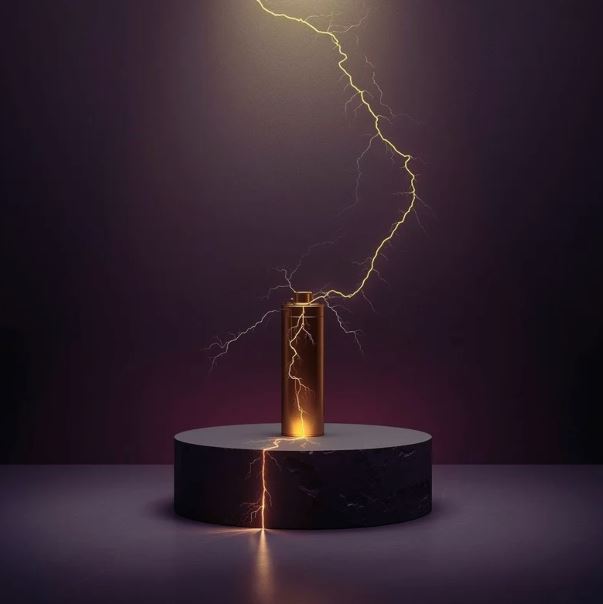 Leckende goldene Hochleistungsbatterie. Info: Unterdrückte Urkraft und Kurzschluss.