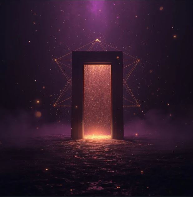 Goldenes, verziertes Portal im Sternenhimmel – Die Tür zum Expertenwissen der Schicksalsmatrix.