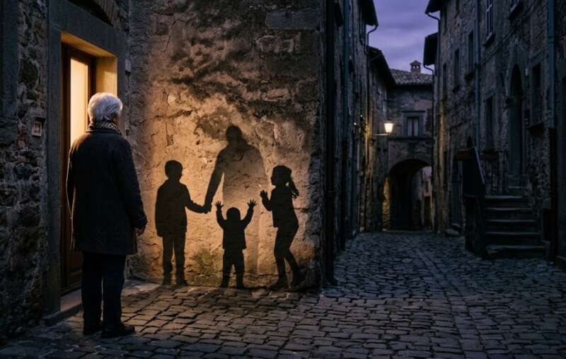 Ältere Frau in einer alten Gasse, an der Steinwand zeigen Kinderschatten die Verbindung zwischen den Generationen