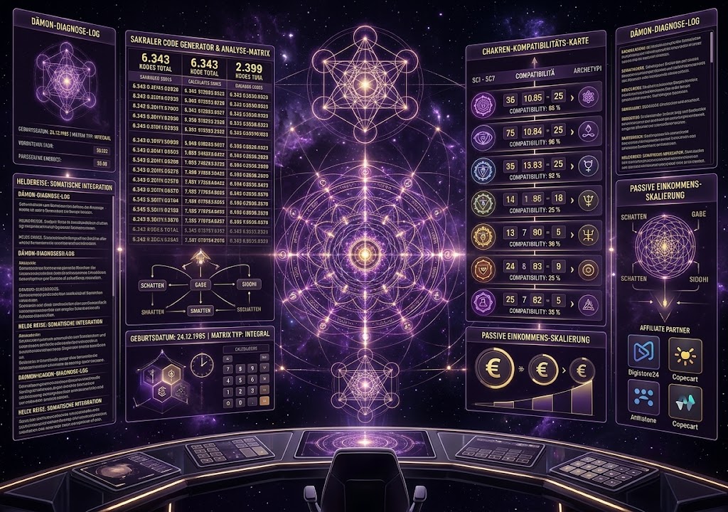 Futuristische Matrix-Rechner Dashboard Ansicht mit sakralen Codes, kosmischem Mandala, 15 Kanälen und heiliger Geometrie in Deep Black und Purple Neon.