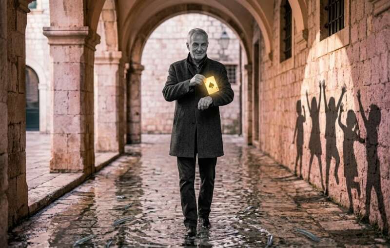 1 Energie Matrix: Schwarz-weißer älterer Mann zieht ein goldenes Ass aus dem Ärmel in einem Steinhof mit Bogengang, kindliche Schatten an der rosa-violetten Wand