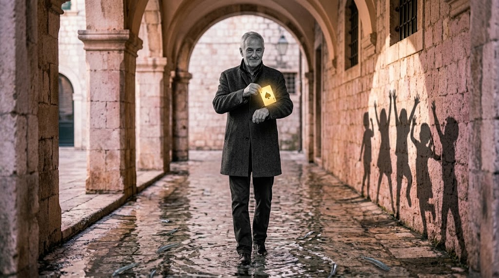 1 Energie Matrix: Schwarz-weißer älterer Mann zieht ein goldenes Ass aus dem Ärmel in einem Steinhof mit Bogengang, kindliche Schatten an der rosa-violetten Wand