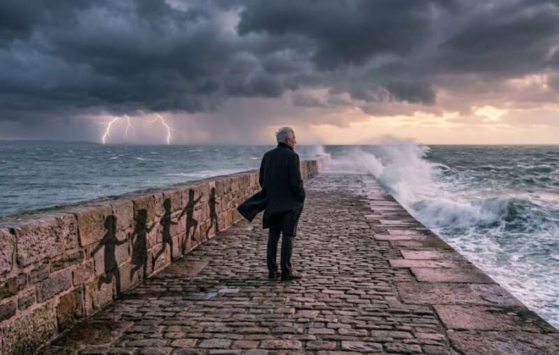 11 Energie Matrix: Älterer Mann steht ruhig auf einer Steinmole im Sturm, kindliche Schatten rennen an der Mauer entlang