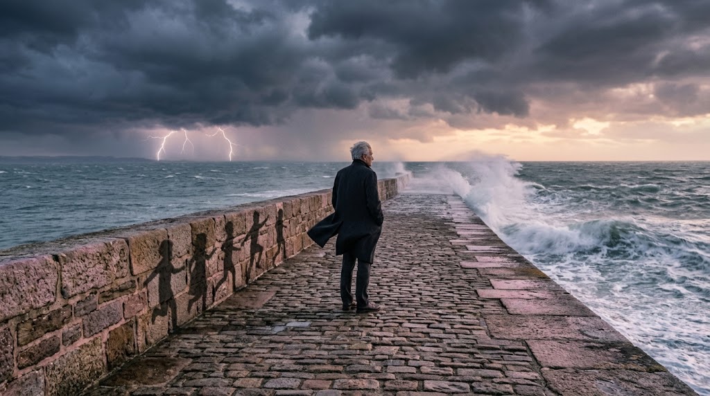 11 Energie Matrix: Älterer Mann steht ruhig auf einer Steinmole im Sturm, kindliche Schatten rennen an der Mauer entlang