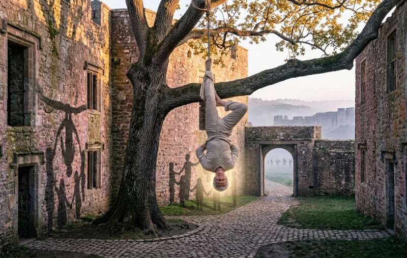 12 Energie Matrix: Älterer Mann hängt gelassen kopfüber am Fuß von einem alten Baum in einem Steinhof, kindliche Schatten bilden an der Mauer einen Kreis