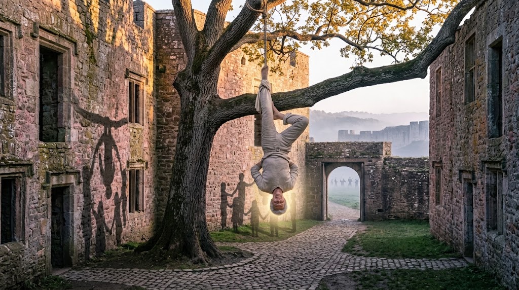 12 Energie Matrix: Älterer Mann hängt gelassen kopfüber am Fuß von einem alten Baum in einem Steinhof, kindliche Schatten bilden an der Mauer einen Kreis