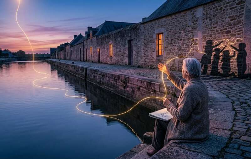 14 Energie Matrix: Ältere Frau zeichnet auf einem Steinkai am Wasser, ein goldener Lichtfaden fließt in ihren Stift, kindliche Schatten zeichnen an der Mauer mit