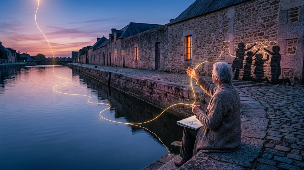 14 Energie Matrix: Ältere Frau zeichnet auf einem Steinkai am Wasser, ein goldener Lichtfaden fließt in ihren Stift, kindliche Schatten zeichnen an der Mauer mit