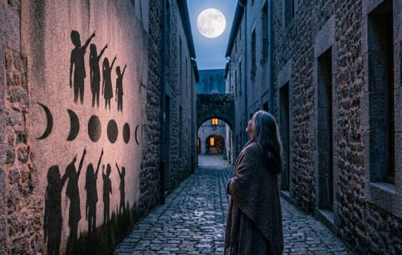 18 Energie Matrix: Ältere Frau blickt auf einem Steinplatz zum Vollmond, kindliche Schatten bilden an der Mauer die Mondphasen