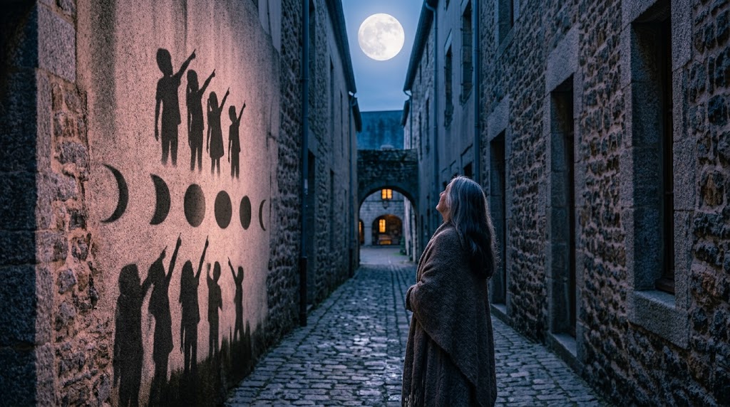 18 Energie Matrix: Ältere Frau blickt auf einem Steinplatz zum Vollmond, kindliche Schatten bilden an der Mauer die Mondphasen