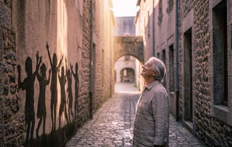 19 Energie Matrix: Älterer Mann steht mit geschlossenen Augen im Sonnenstrahl einer Steingasse, kindliche Schatten tanzen an der Mauer
