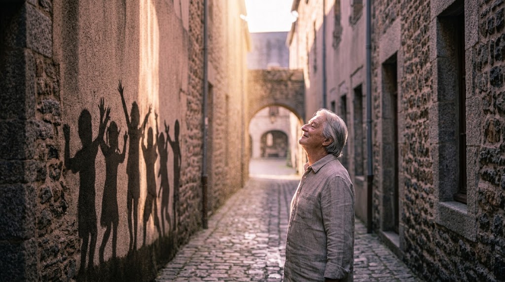 19 Energie Matrix: Älterer Mann steht mit geschlossenen Augen im Sonnenstrahl einer Steingasse, kindliche Schatten tanzen an der Mauer
