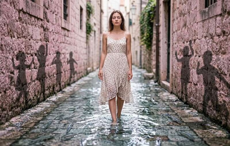 2 Energie Matrix: Junge Frau im Kleid steht im flachen Fluss einer Steingasse, Fische schwimmen um ihre Füße, kindliche Schatten an der rosa-violetten Wand