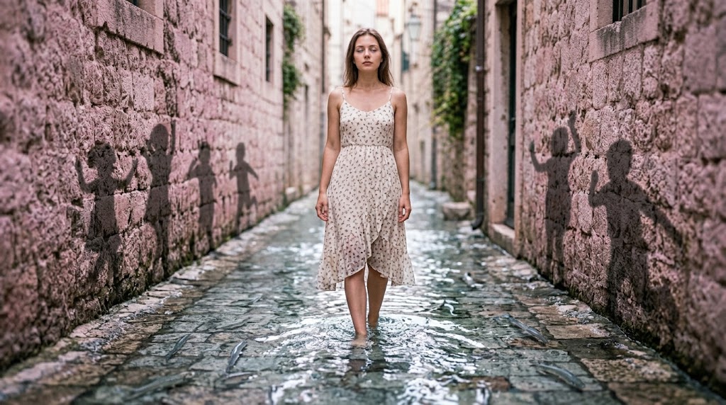 2 Energie Matrix: Junge Frau im Kleid steht im flachen Fluss einer Steingasse, Fische schwimmen um ihre Füße, kindliche Schatten an der rosa-violetten Wand