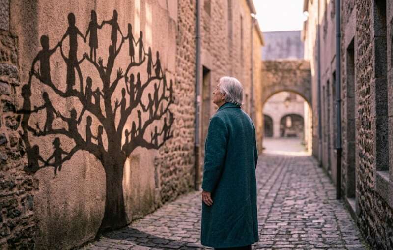 20 Energie Matrix: Ältere Frau steht in einer Steingasse, kindliche Schatten bilden an der Mauer einen großen Stammbaum