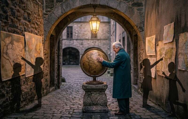 21 Energie Matrix: Älterer Mann dreht einen alten Globus unter einem Steinbogen, kindliche Schatten zeigen an der Mauer auf Landkarten