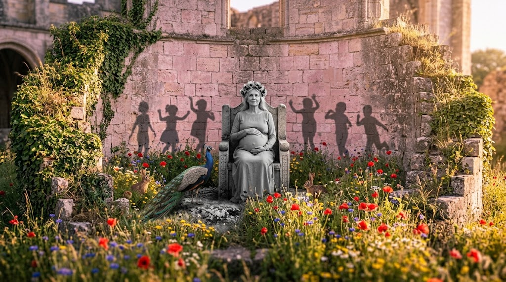 3 Energie Matrix: Schwarz-weiße schwangere Frau sitzt auf einem Steinthron im Mauerrund voller Mohn und Kornblumen, Pfau und Hasen neben ihr, kindliche Schatten an
