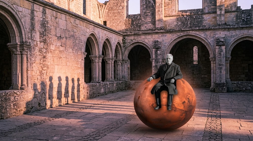 4 Energie Matrix: Schwarz-weiße Figur sitzt auf einer roten Marskugel in einem Steingewölbe, kindliche Schatten stehen geordnet an der rosa-violetten Wand