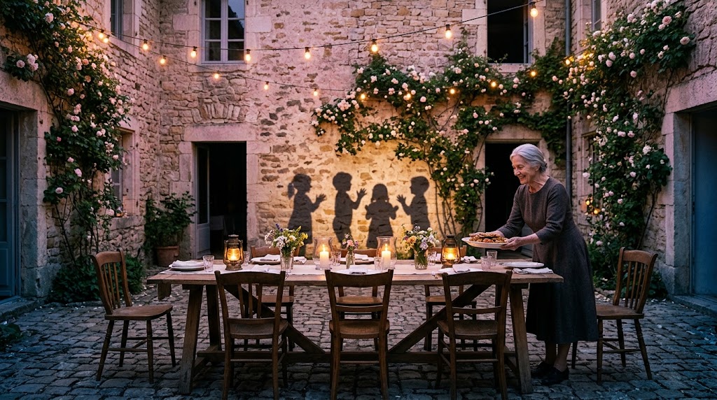 6 Energie Matrix: Ältere Frau deckt in einem Steinhof einen festlichen Tisch, kindliche Schatten tanzen im Laternenlicht an der Mauer