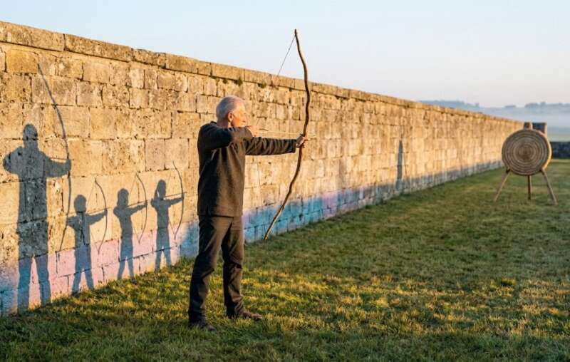 7 Energie Matrix: Älterer Mann spannt auf einem Hof vor einer Steinmauer einen Bogen, kindliche Schatten stehen als Team neben seinem Schatten