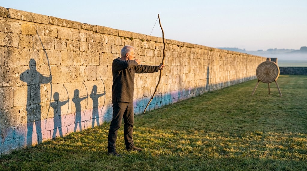 7 Energie Matrix: Älterer Mann spannt auf einem Hof vor einer Steinmauer einen Bogen, kindliche Schatten stehen als Team neben seinem Schatten