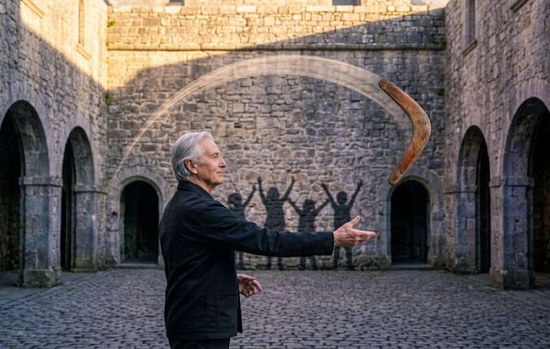 8 Energie Matrix: Älterer Mann fängt auf einem Steinplatz einen zurückkehrenden Bumerang, kindliche Schatten verfolgen die Flugbahn an der Mauer