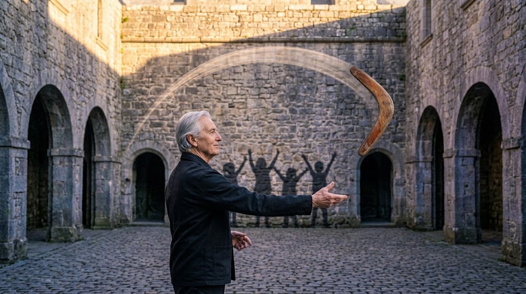 8 Energie Matrix: Älterer Mann fängt auf einem Steinplatz einen zurückkehrenden Bumerang, kindliche Schatten verfolgen die Flugbahn an der Mauer