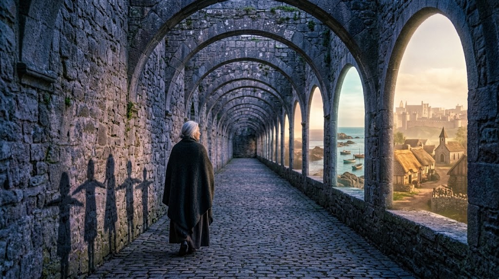 9 Energie Matrix: Ältere Frau geht durch einen Bogengang aus Stein, hinter den Bögen schimmern Szenen früherer Zeiten, kindliche Schatten folgen ihr an der Mauer
