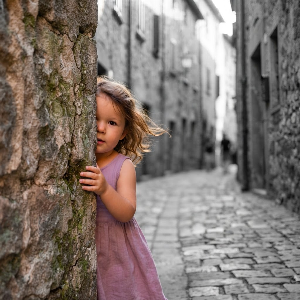 Kind versteckt sich halb hinter der Ecke einer alten Steingasse und lugt vorsichtig hervo
