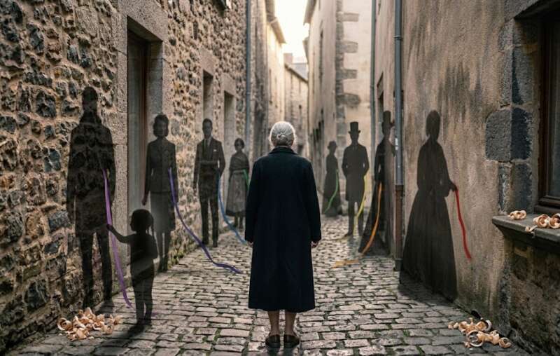 Ahnenlinien Matrix: Eine ältere Frau blickt in eine lange Gasse, in der sieben Generationen als Schattenfiguren mit farbigen Bändern stehen, ein kindlicher Schatten berührt die Bänder
