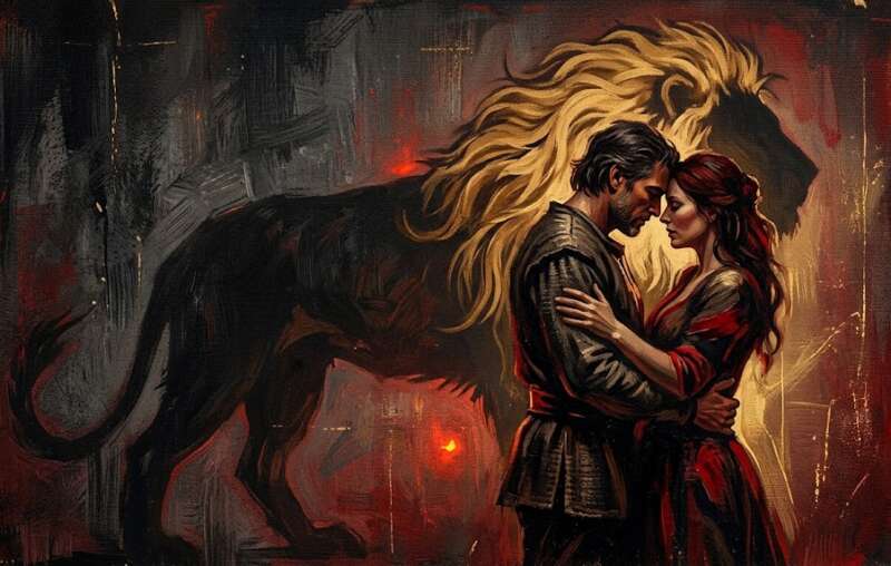 Ein Paar steht Stirn an Stirn, ihr gemeinsamer Schatten an der Wand ist ein goldener Löwe: Arcana 11 und Urinstinkte im Sexualitätscode der Schicksalsmatrix