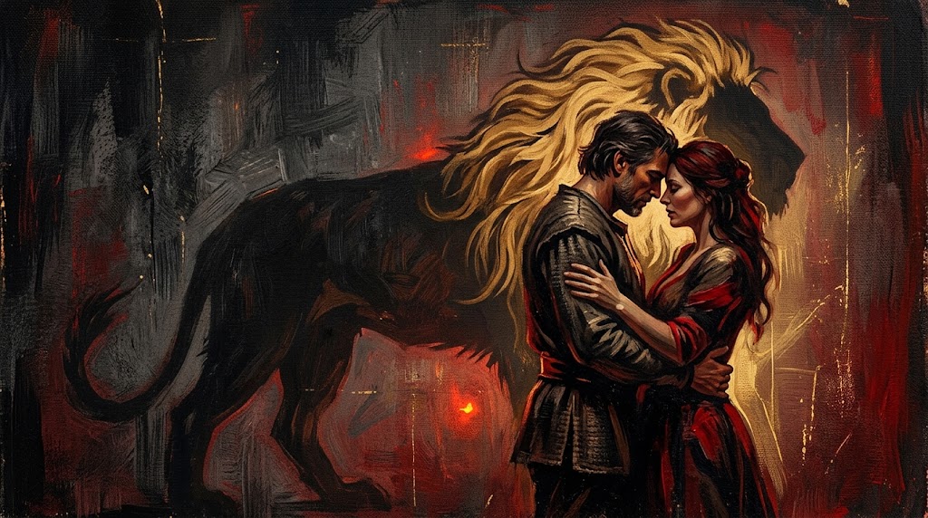 Ein Paar steht Stirn an Stirn, ihr gemeinsamer Schatten an der Wand ist ein goldener Löwe: Arcana 11 und Urinstinkte im Sexualitätscode der Schicksalsmatrix
