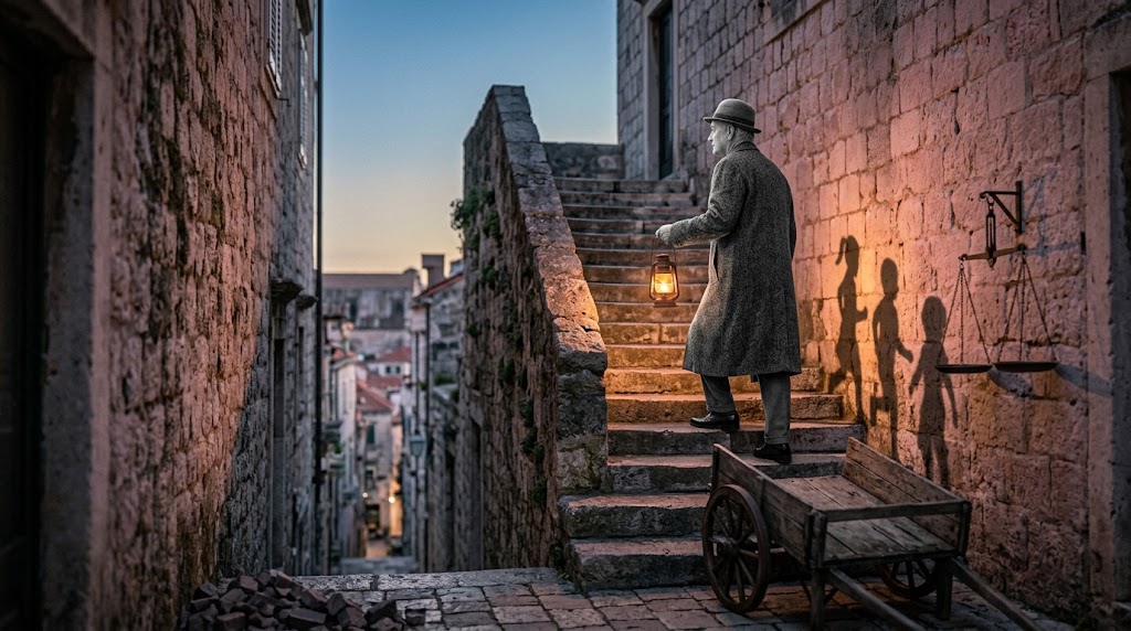 Archetypen auf der Leinwand: Älterer schwarz-weißer Mann steigt mit einer Laterne eine Steintreppe hinauf, unten ein Holzkarren, an der Mauer eine Waage, kindliche Schatten an der rosa-violetten Wand