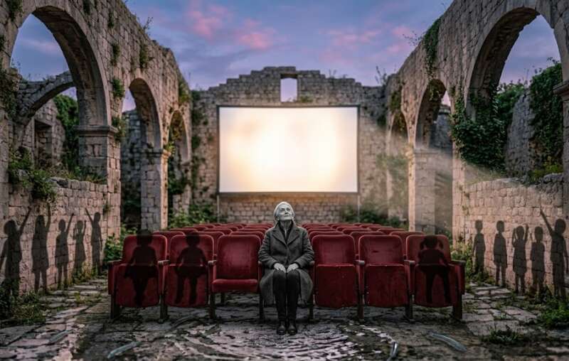 Archetypen auf der Leinwand: Ältere schwarz-weiße Frau sitzt in einem verfallenen Steinkino und schaut auf die Leinwand, kindliche Schatten sitzen in den Sesseln