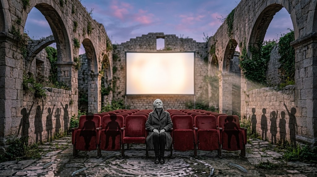 Archetypen auf der Leinwand: Ältere schwarz-weiße Frau sitzt in einem verfallenen Steinkino und schaut auf die Leinwand, kindliche Schatten sitzen in den Sesseln