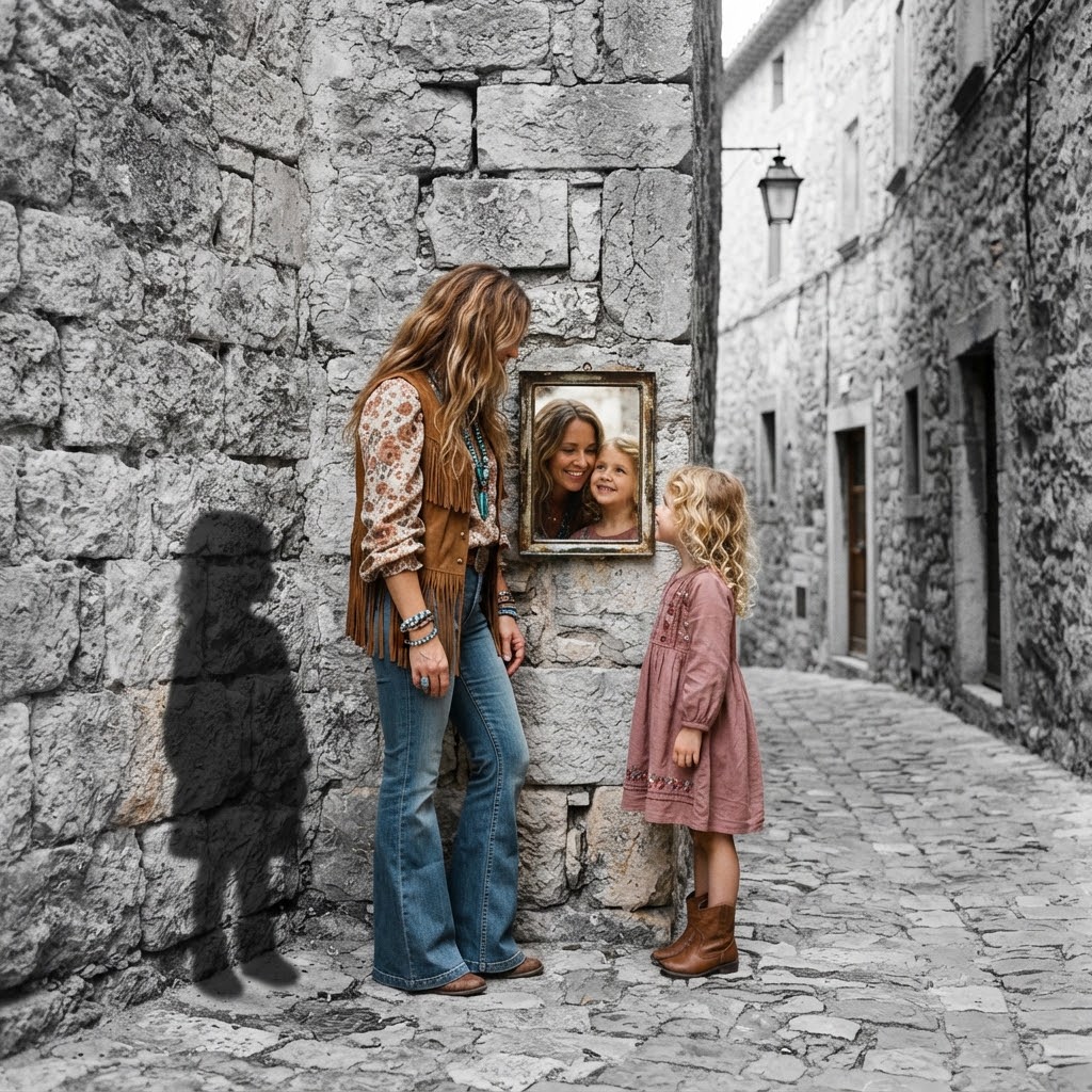 Elternteil und Mädchen stehen sich in einer Steingasse gegenüber, zwischen ihnen ein altes Spiegelfragment, das beide reflektiert – Symbolbild für die Beziehung zu den Eltern in der Kindermatrix