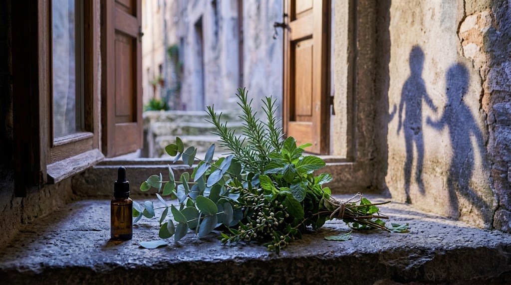 Frische Teebaum-, Eukalyptus-, Rosmarin-, Pfefferminz- und Myrtenzweige auf einem alten Fensterbrett im klaren Morgenlicht, an der Steinwand dahinter die Schatten von Kindern, als Sinnbild für die Blatt-Persönlichkeit, Klarheit und Erneuerung