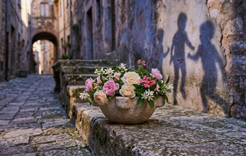 Rosen, Jasmin, Geranie und Neroli-Blüten in einer schlichten Schale auf alten Steinstufen im warmen Abendlicht, an der Steinwand dahinter die Schatten von Kindern, als Sinnbild für die Blüten-Persönlichkeit, Schönheit und Liebe