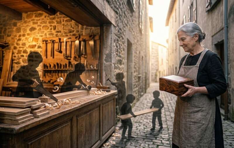 Eine ältere Frau hält in einer offenen Werkstatt in einer Steingasse eine kleine Holzkiste und sieht kindlichen Schattenfiguren beim Sägen und Hobeln zu