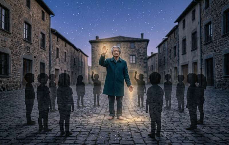 Ein älterer Mann steht auf einem alten Steinplatz unter Sternenhimmel, eine Hand zum Himmel gehoben, eine zur Erde gesenkt, umgeben von einem Kreis kindlicher Schattenfiguren