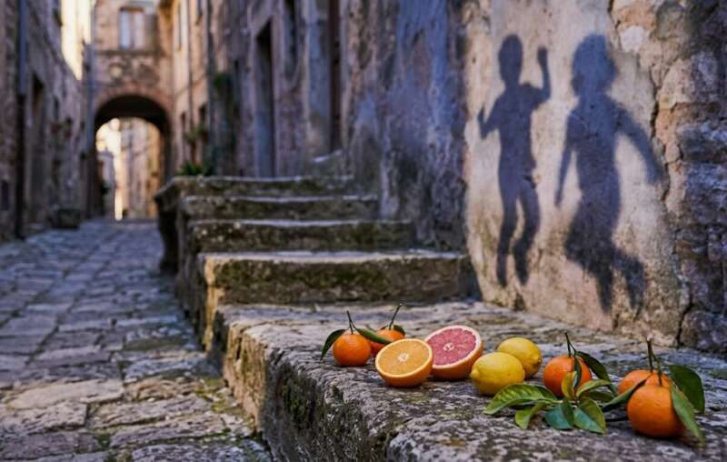 Halbierte Orange, Grapefruit, Zitronen und Mandarinen auf alten Steinstufen im warmen Morgenlicht, an der Steinwand dahinter die Schatten von Kindern, als Sinnbild für die Frucht-Persönlichkeit und ihre Freude