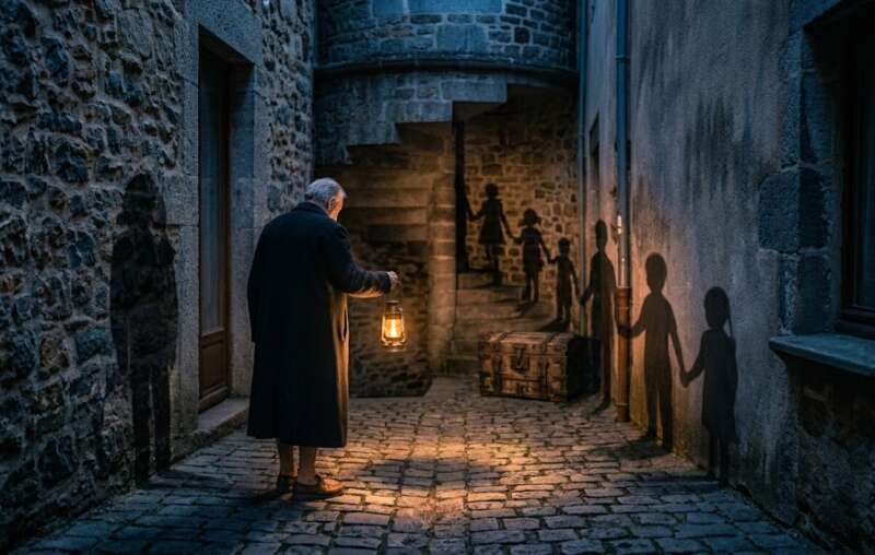 Geschlossene Matrix: Älterer Mann steigt mit einer Laterne eine steinerne Wendeltreppe hinab, kindliche Schatten an den Mauern weisen den Weg zu einer alten Truhe