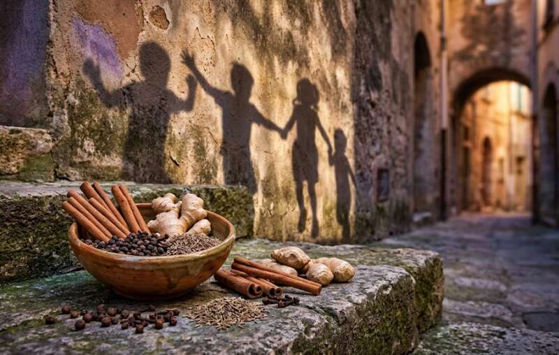 Zimtstangen, Ingwerwurzel, schwarze Pfefferkörner, Nelken und Kreuzkümmel in warmen Rot- und Goldtönen auf alten Steinstufen im Licht eines späten Nachmittags, an der Steinwand dahinter die Schatten von Kindern, als Sinnbild für die Gewürz-Persönlichkeit, Feuer und Leidenschaft