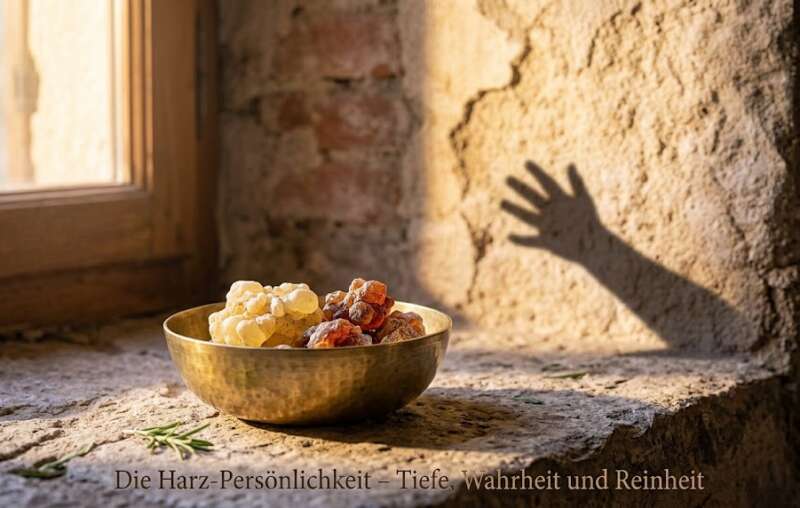 Ein Stück Weihrauchharz und Myrrhe-Tränen in einer Messingschale auf einem Fensterbrett vor einer hellen Wand, warmes Morgenlicht und der Schatten eines Kindes an der Wand, als Sinnbild für die Harz-Persönlichkeit, Wahrheit und Reinheit